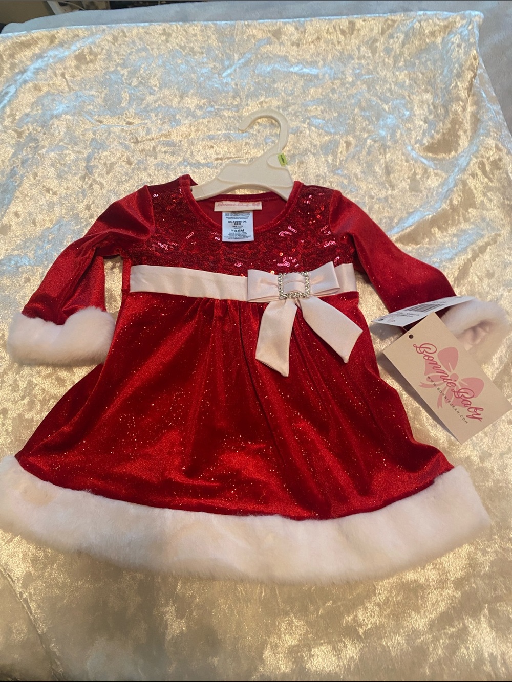 Bonnie Baby Red Sparkle Holiday Dress with White Faux Fur Trim
